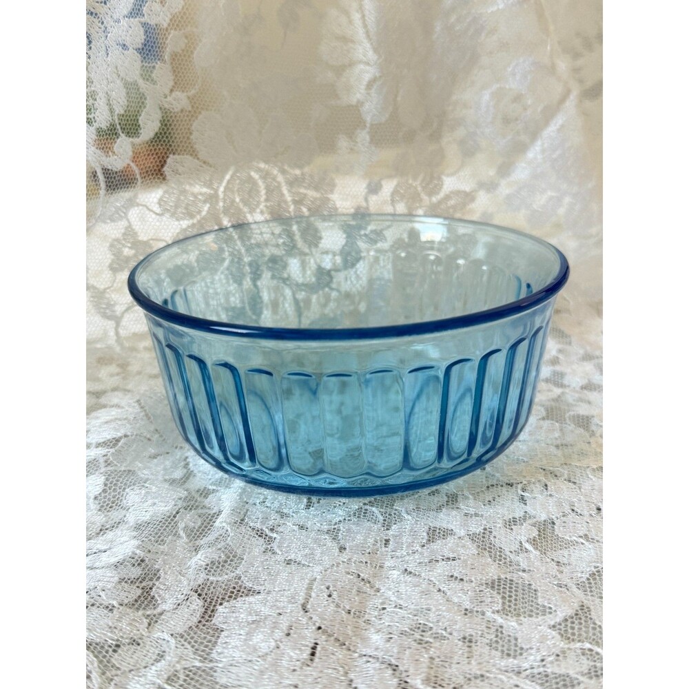 VTG Fortecrisa 70's Azure Ice Blue Glass Bowl Ribbed 5" Mexico